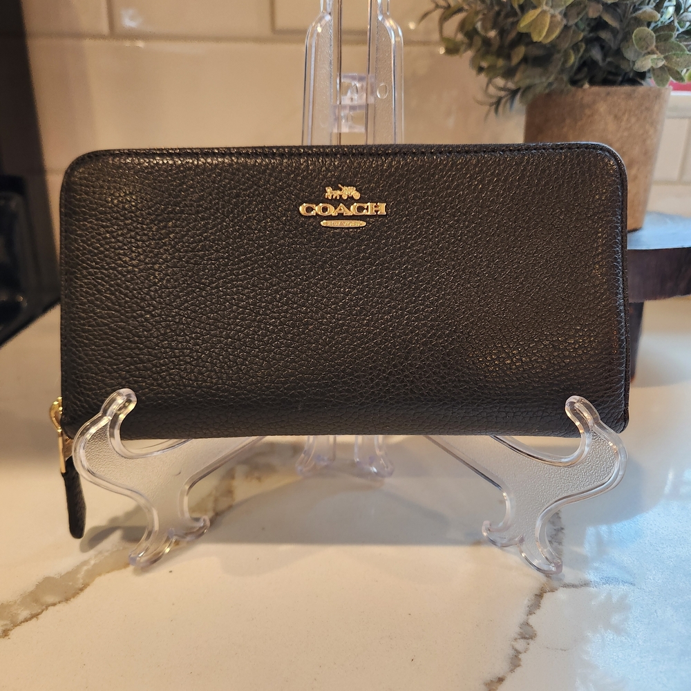 Coach Black Pebbled Leather Long Zip Around Wallet